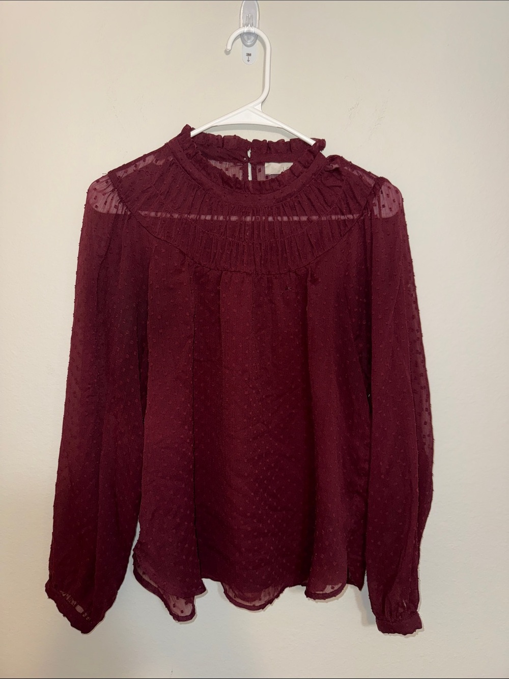 LOFT Burgundy Sheer Swiss Dot Ruffle-Neck Blouse - Medium